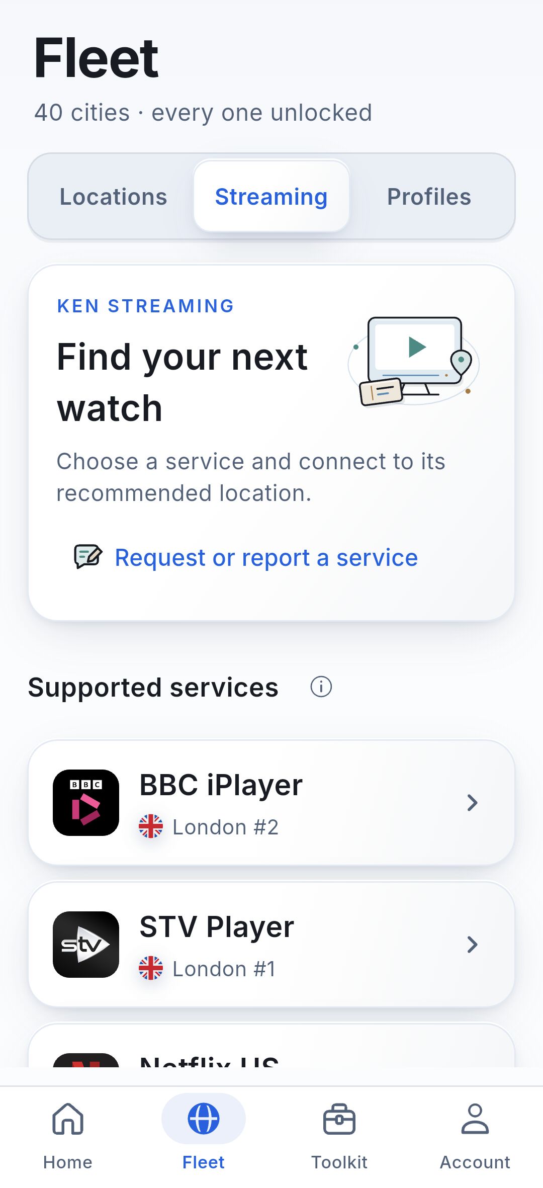 KEN Fleet with its Streaming tab, service logos and recommended locations